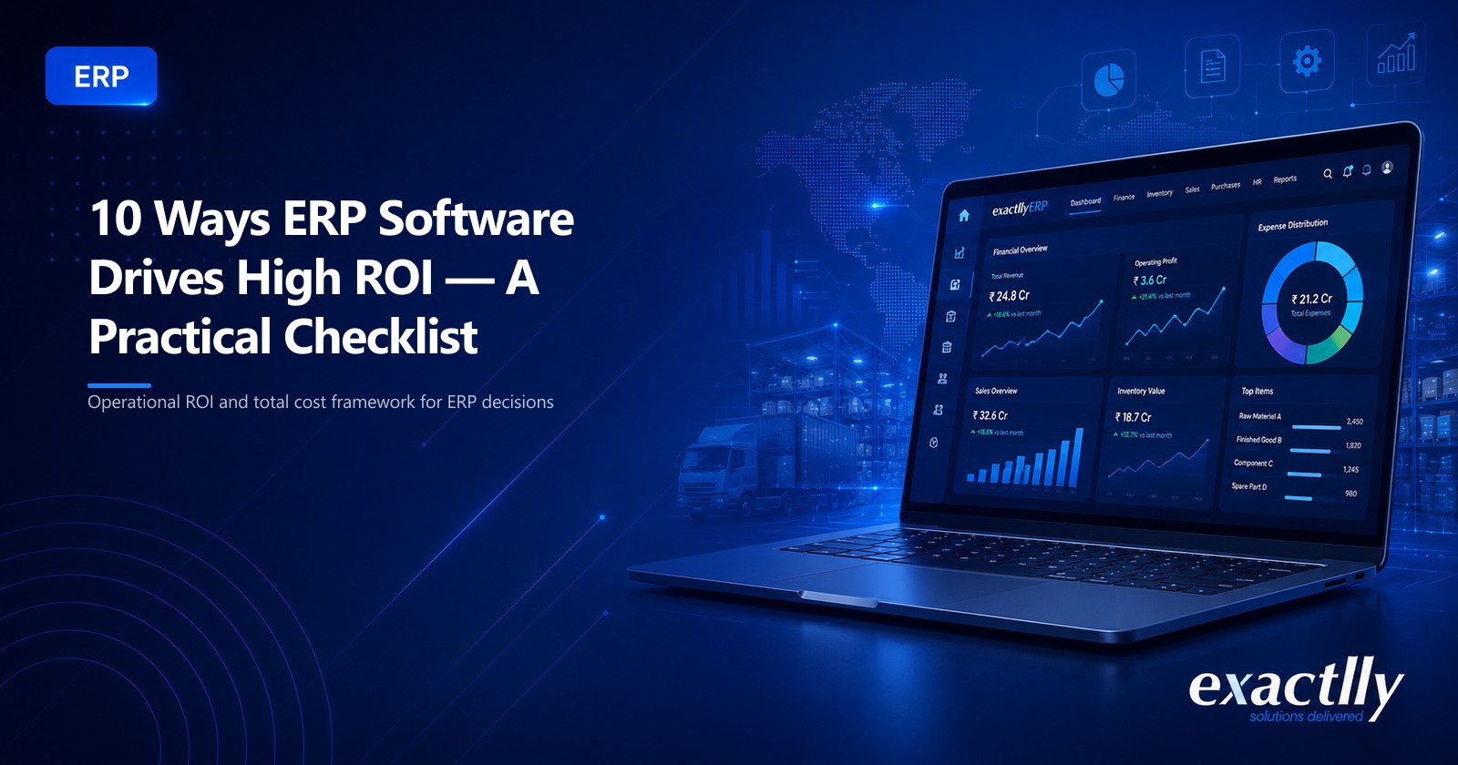Owner, CFO, and operations head reviewing a three-year ERP ROI calculation against productivity, compliance, and working capital improvements