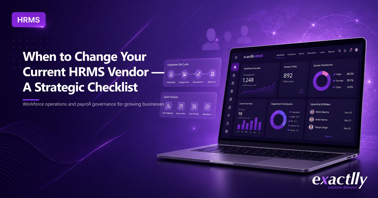 HR head and finance head reviewing HRMS vendor performance against payroll accuracy, statutory compliance, and adoption criteria at a mid-size manufacturer