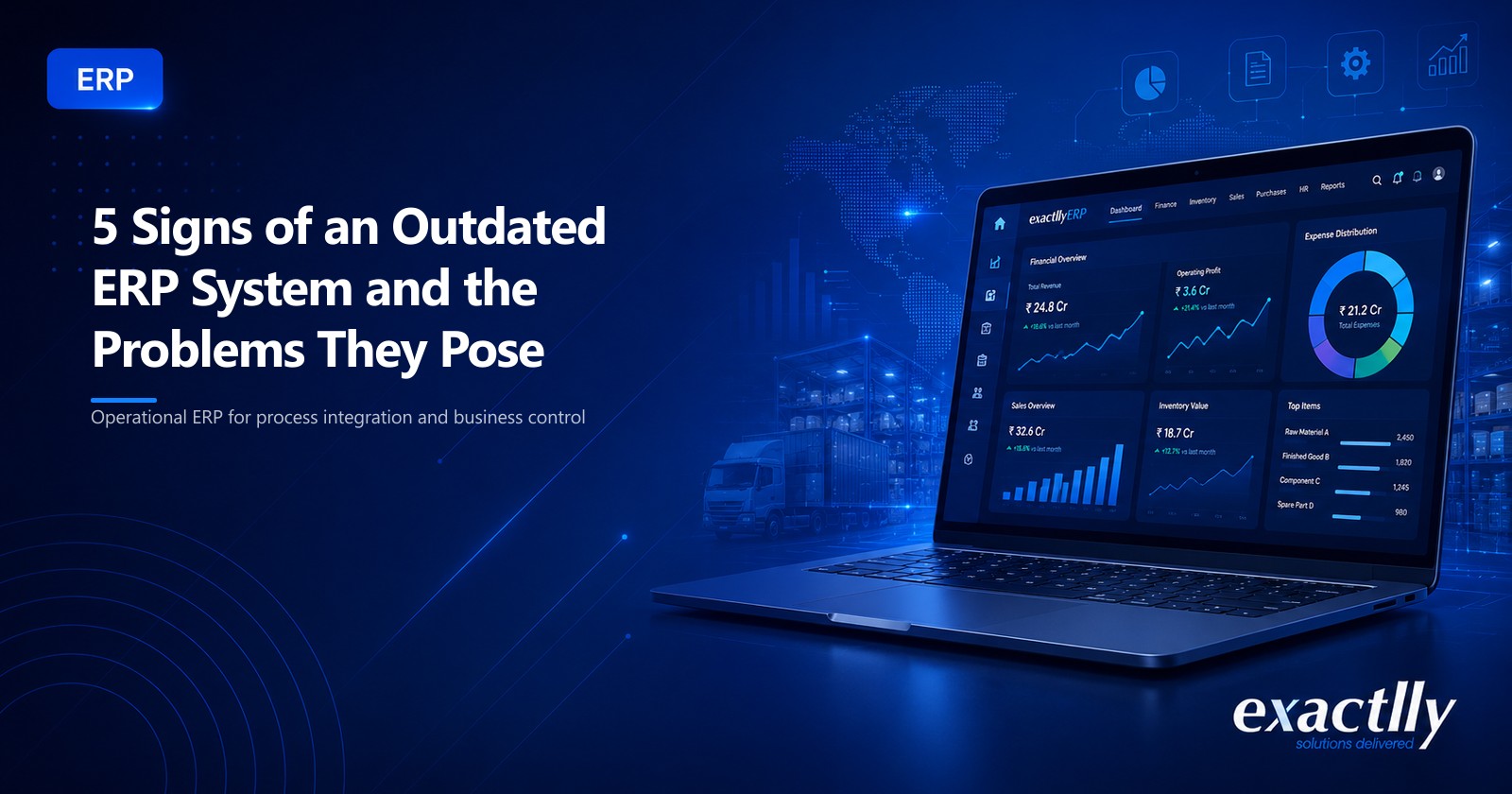 Operations head reviewing aging on-premise ERP against modern cloud-delivered platform showing real-time dashboards, mobile workflows, and connected statutory compliance for growing operational business
