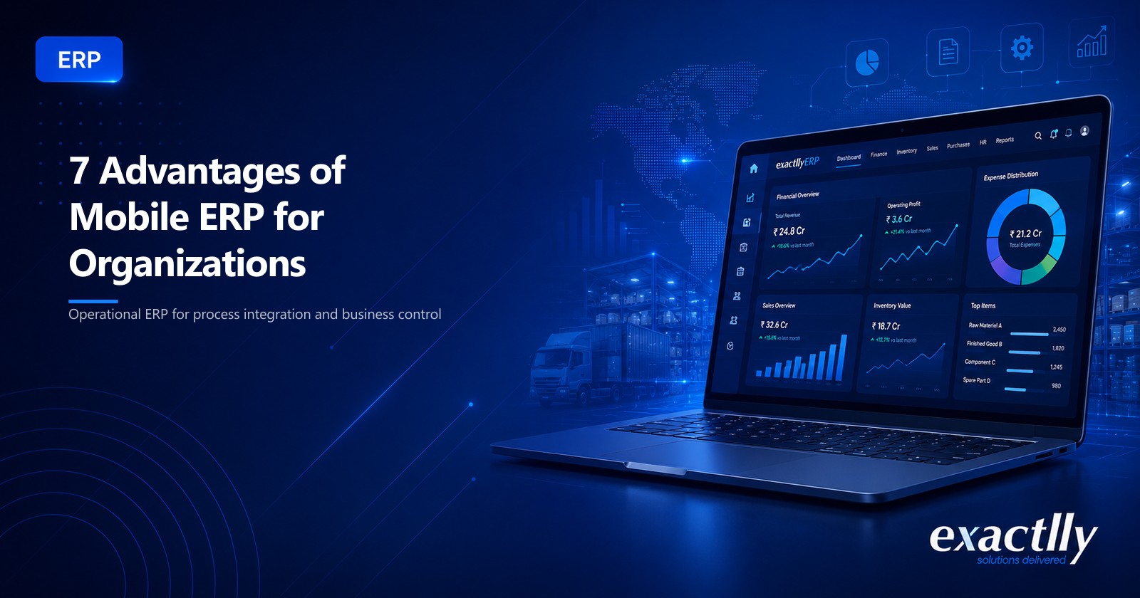 Operations head, field sales executive, and warehouse supervisor accessing approvals, stock data, and order entry on mobile ERP across plant, warehouse, and customer locations