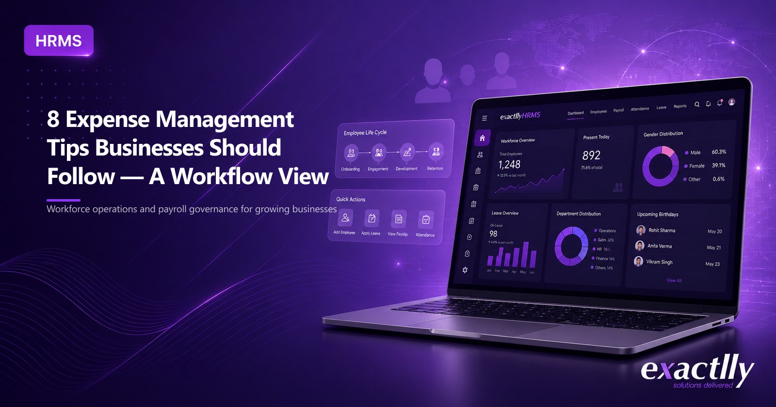 HR head, payroll executive, and finance head running the employee expense workflow from claim submission to reimbursement on a unified HRMS interface