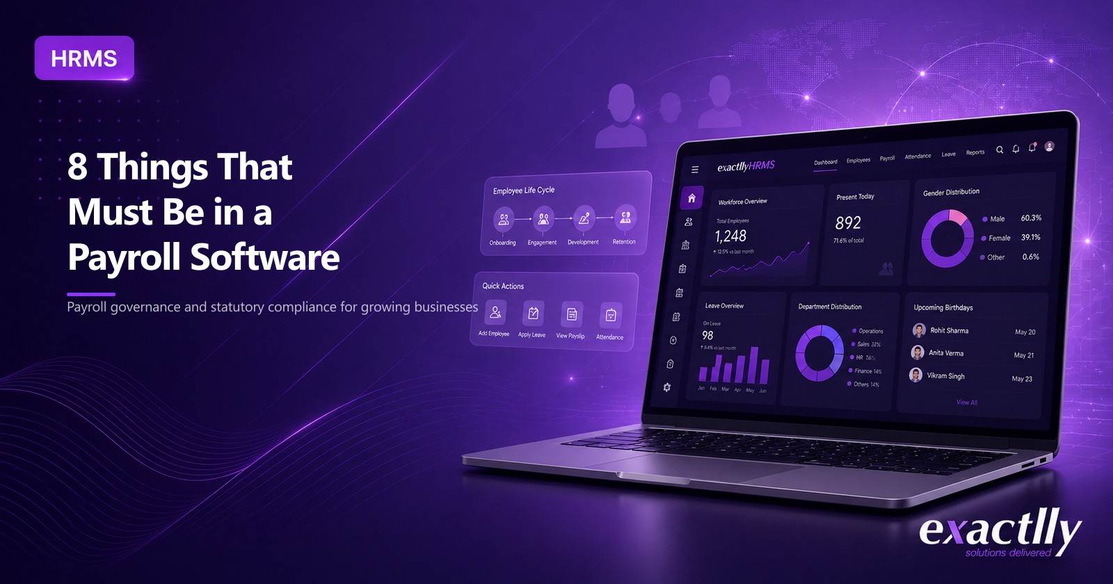 HR head and payroll executive reviewing connected payroll workflow across attendance, statutory computation, salary structure, self-service, and reporting through unified payroll software interface