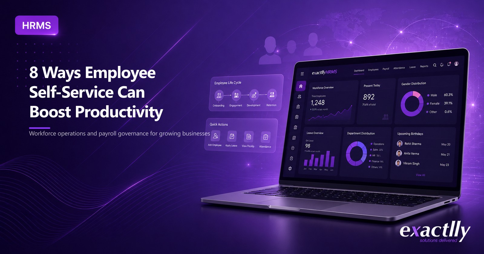 HR executive and employees working independently with connected employee self-service portal handling leave, payslips, declarations, and personal updates through mobile interface