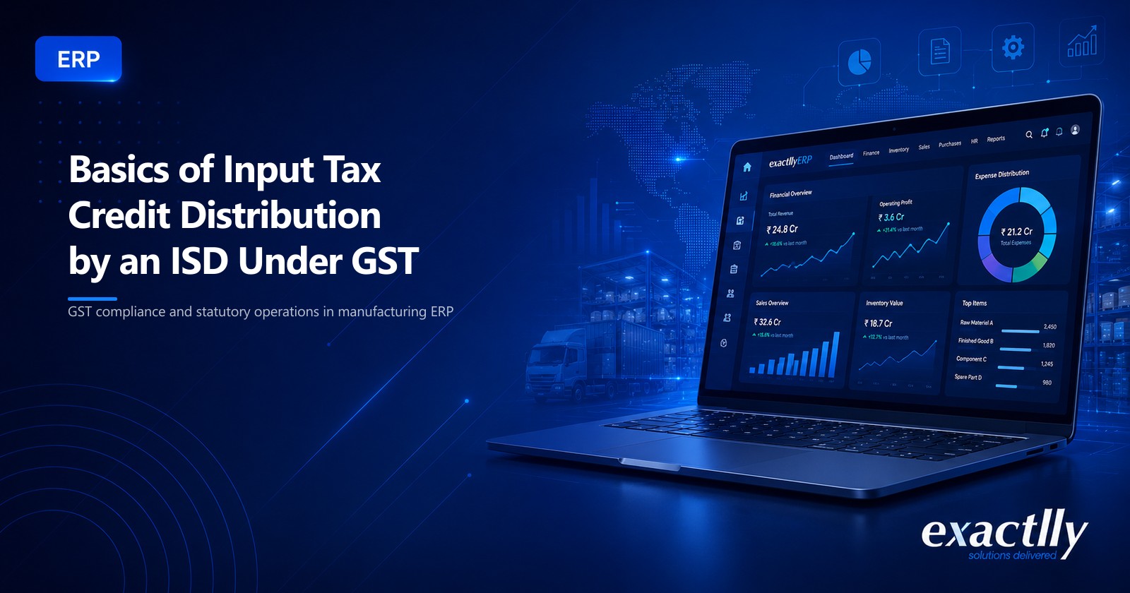 Finance head and accountant reviewing ISD invoice details, pro-rata turnover-based ITC distribution computation, and Form GSTR-6 filing under the GST regime