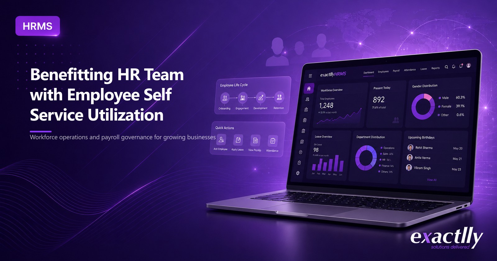HR executive and worker reviewing employee self-service mobile interface showing attendance, leave balance, salary slip, declarations, and personal data access for growing operational business