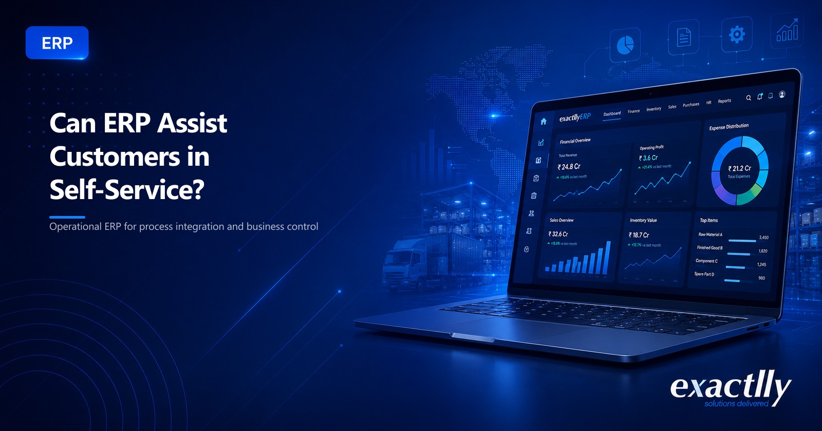 B2B customer accessing order status, invoice download, dispatch tracking, and complaint history through connected customer self-service portal feeding directly from ERP