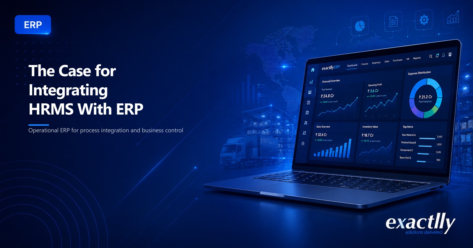 Finance head, operations head, and HR head reviewing connected payroll journal entries, cost centre allocation, and statutory deductions flowing from HRMS into ERP