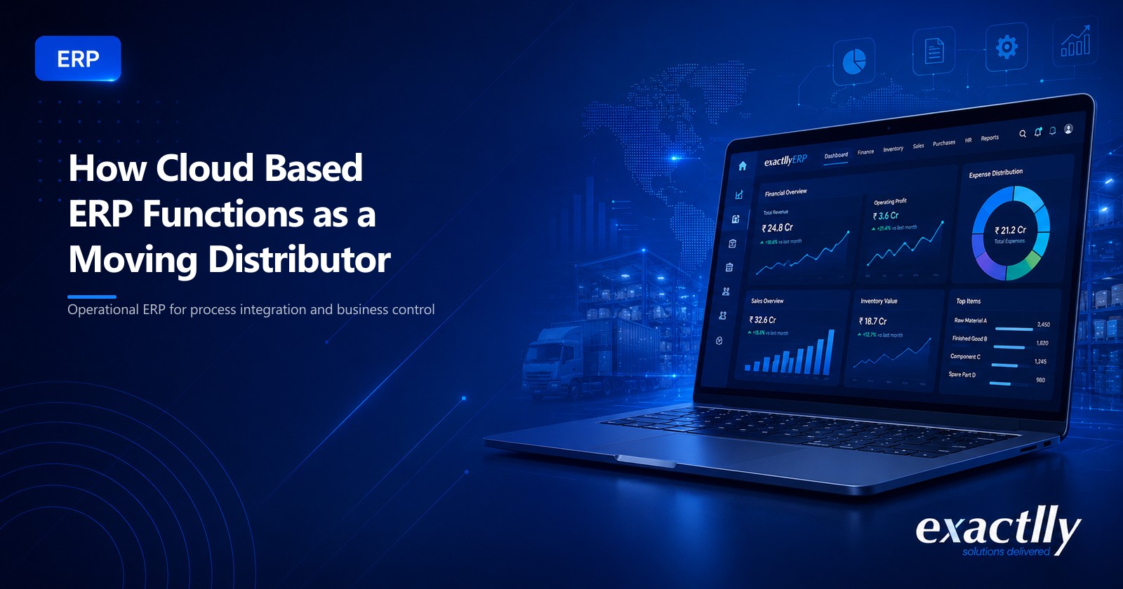 Sales head and warehouse manager reviewing live multi-location stock, dispatch planning, customer receivables, and inter-branch transfer dashboard through cloud ERP for growing distribution business