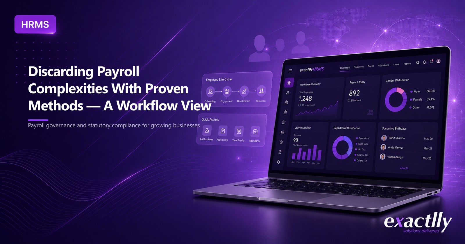 Payroll head, HR executive, and finance head running the monthly payroll cycle from attendance close to salary credit on a unified HRMS interface