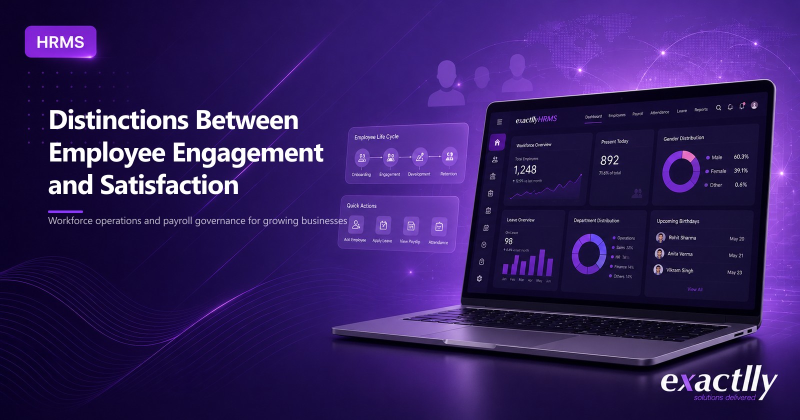 HR head and operations head reviewing engagement signals, satisfaction baseline indicators, and retention pattern across departments through connected HRMS dashboard