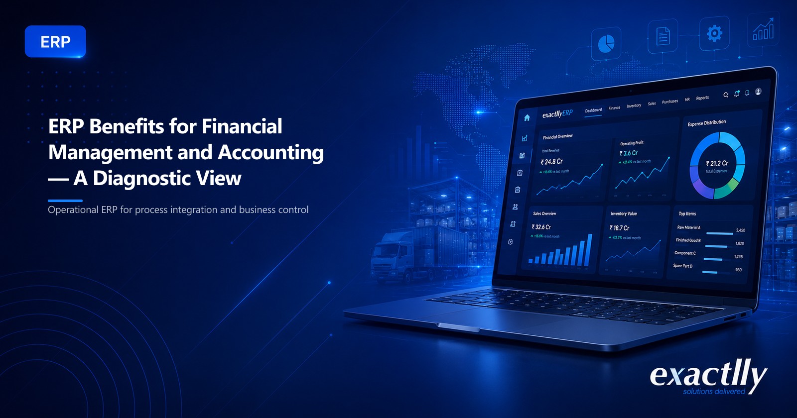 Finance head and accountant reviewing month-end close, GST reconciliation, and labour cost dashboards on a unified ERP financial management interface