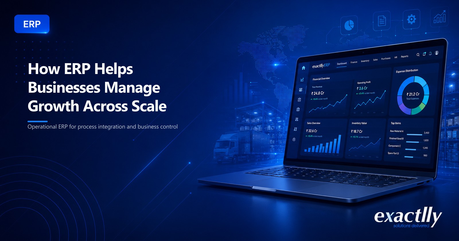 Founder and operations head reviewing real-time business dashboard showing inventory, billing, financials, and approval queues through connected ERP supporting growth across multiple locations