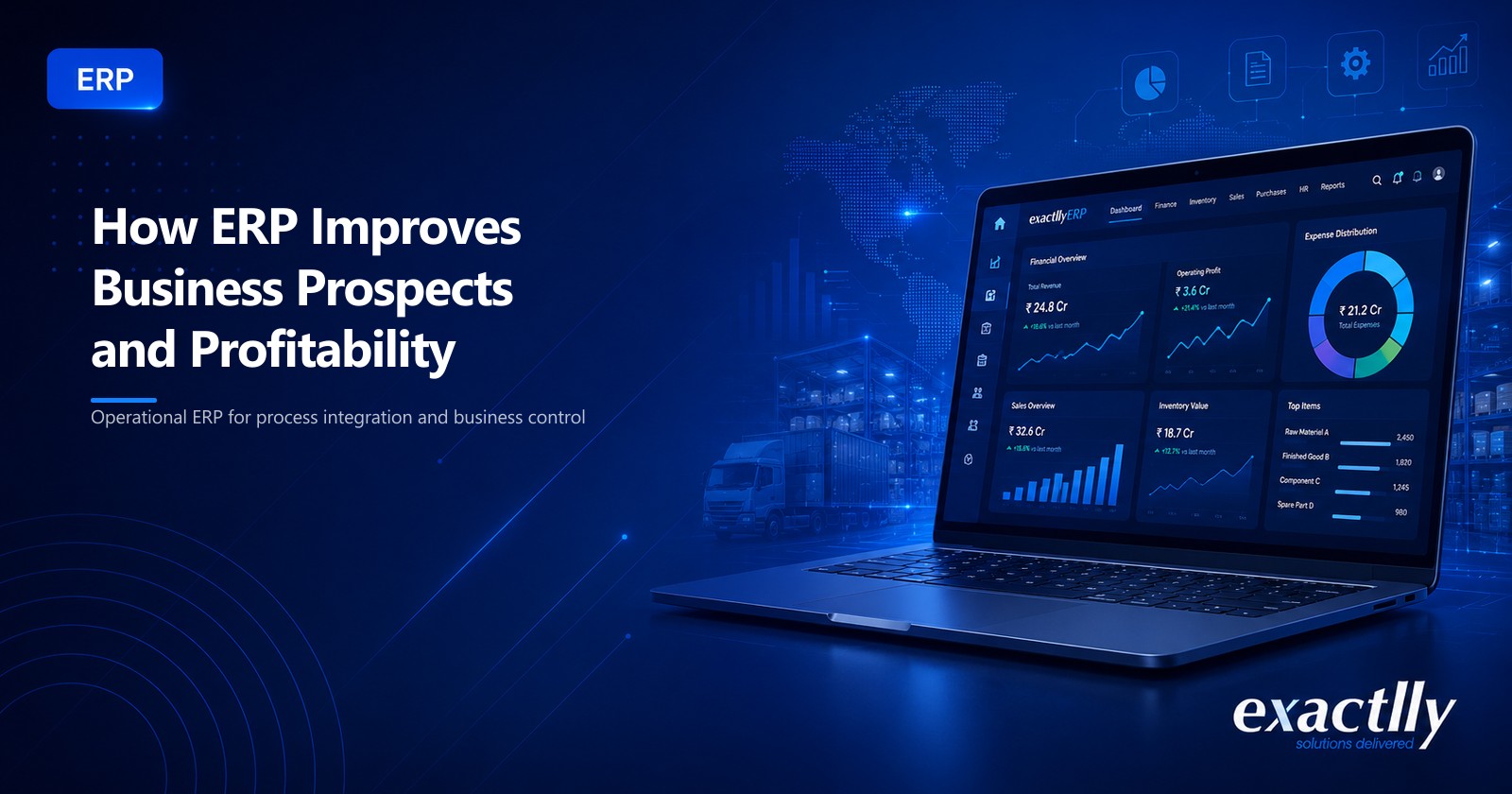 Owner and operations head reviewing margin erosion, raw material variance, production planning gaps, and customer service metrics on a real-time ERP dashboard