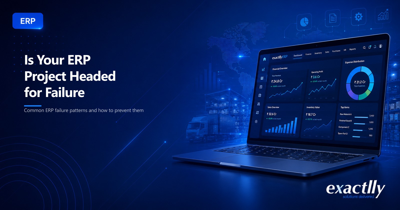 Project sponsor and operations head reviewing ERP rollout warning indicators across budget variance, timeline slippage, scope reduction, customisation backlog, and adoption gap signals at growing operational business