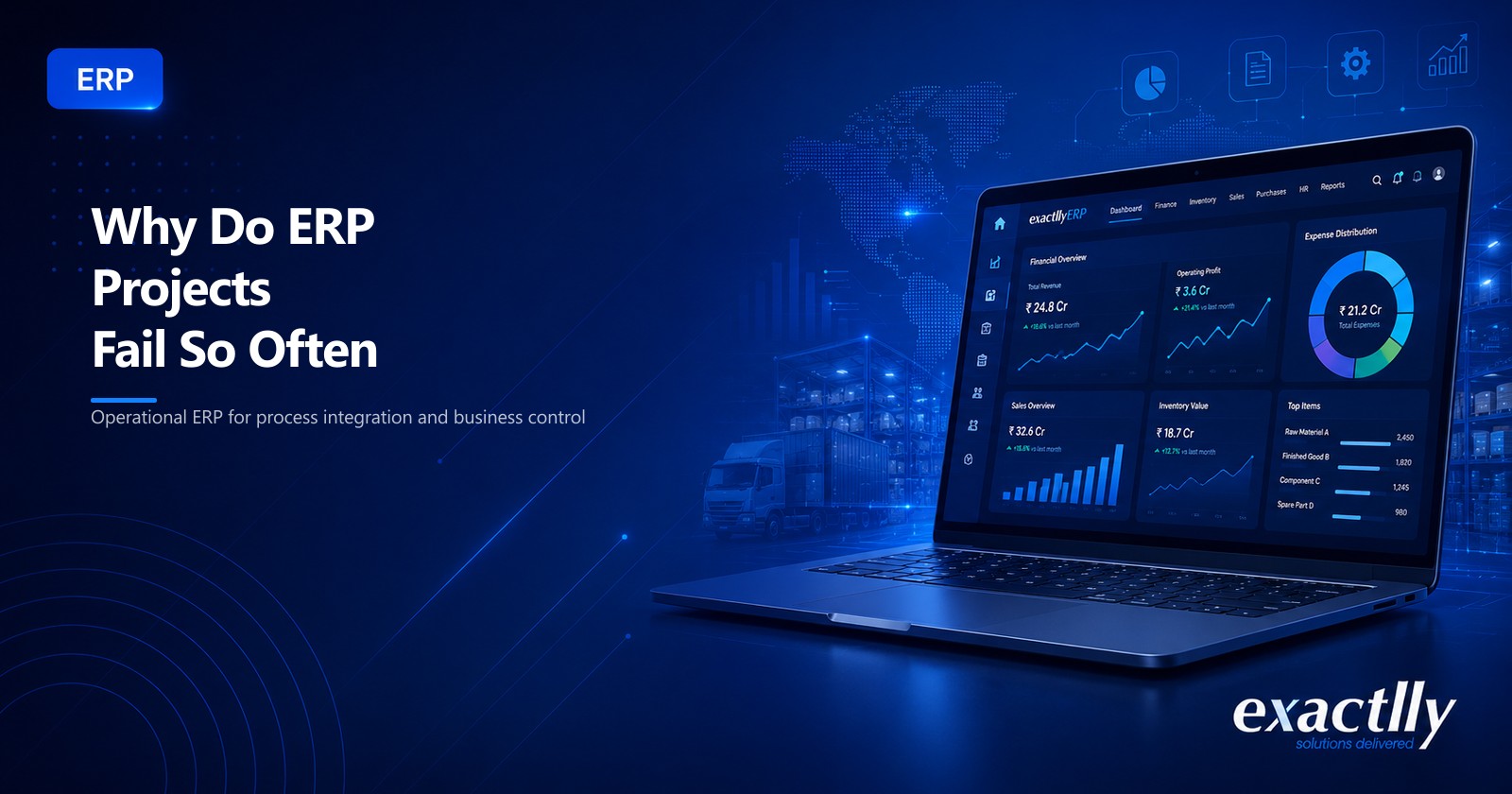 Project sponsor and operations head reviewing ERP rollout failure indicators across vendor scope creep, master data gaps, customisation overrun, training gaps, and adoption resistance for growing operational business