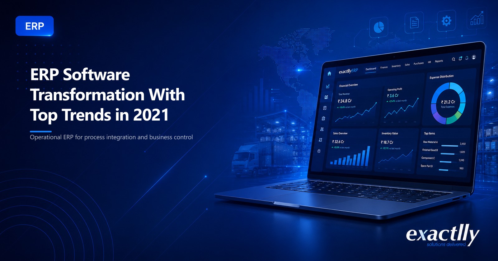 Operations head reviewing connected cloud ERP across mobile approvals, IoT-fed production data, real-time financial dashboards, and AI-assisted reconciliation for a growing operational business