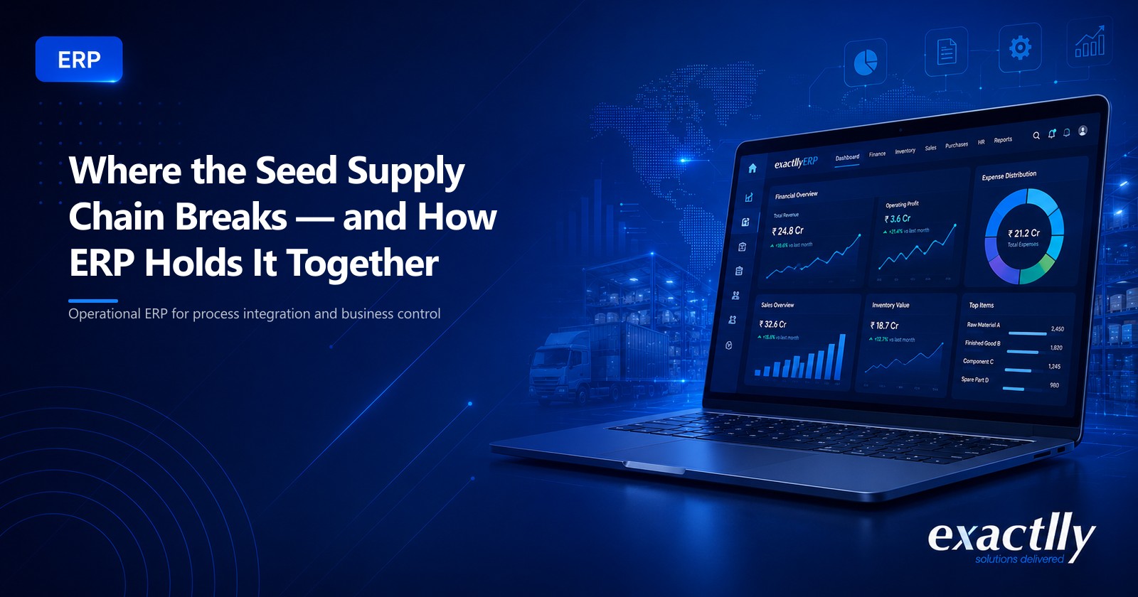 Production head and accounts head reviewing field, processing, QC, and dispatch records across a seed supply chain ERP