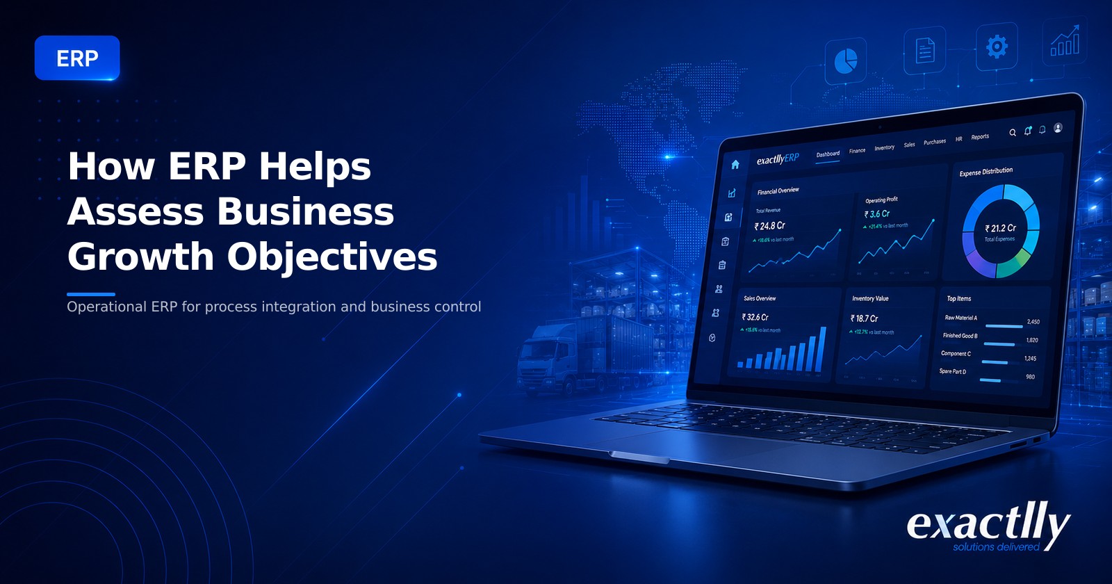 Operations head and finance head reviewing growth objectives against connected ERP dashboards covering order fulfilment, dispatch, receivables, and management reporting