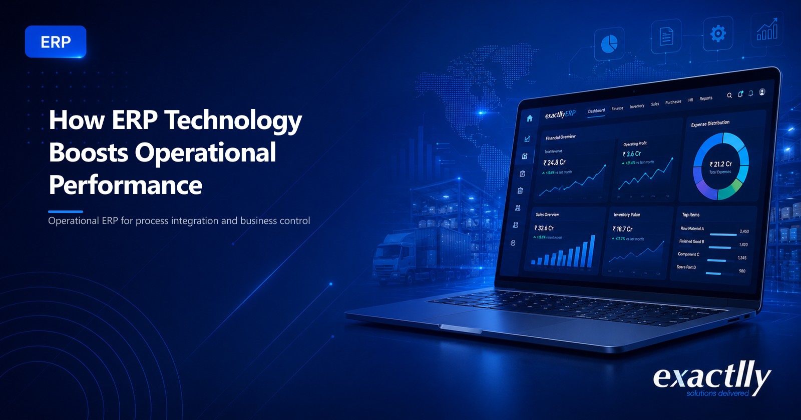 Operations head and finance head reviewing connected ERP dashboard showing real-time multi-warehouse inventory, billing position, approval status, production visibility, and statutory compliance for growing operational business