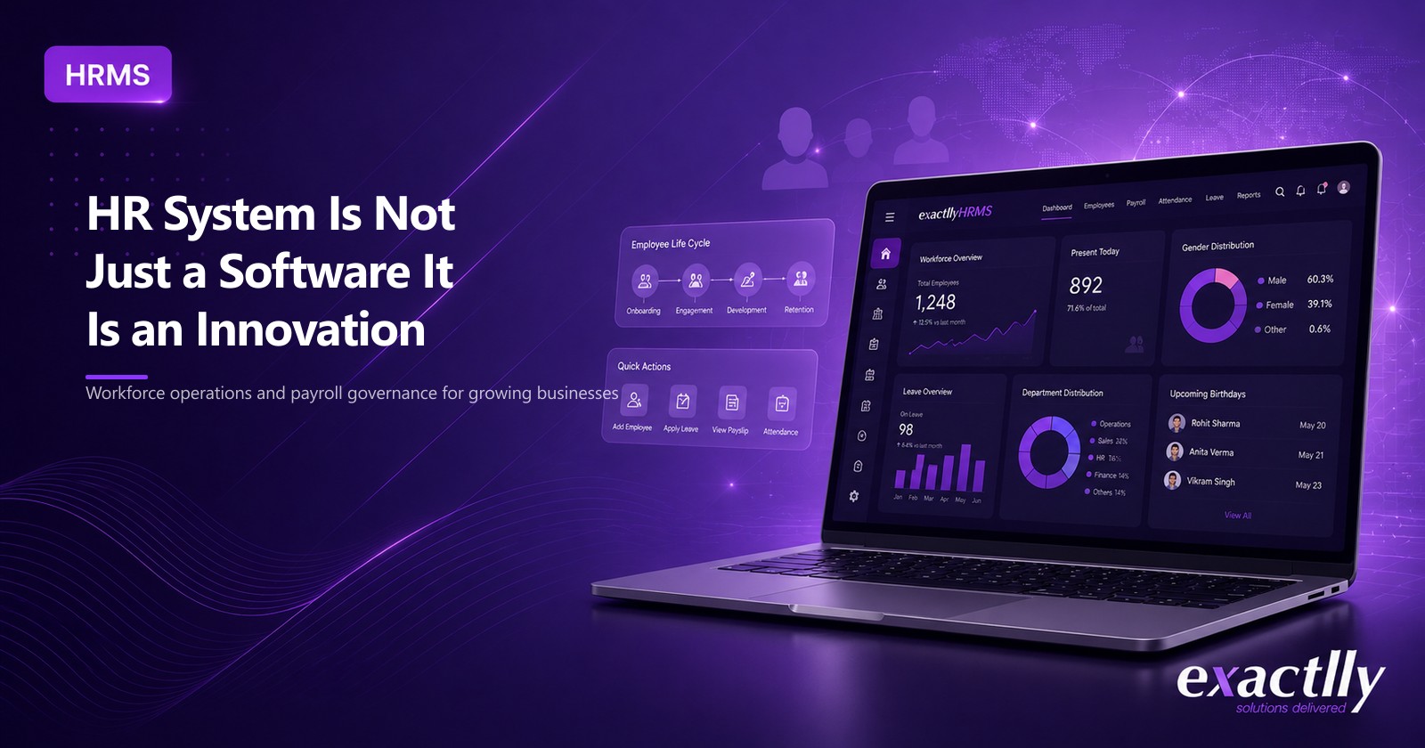 HR head and payroll executive reviewing attendance, leave, payroll, and statutory compliance across connected HRMS workflow on cloud HR system software