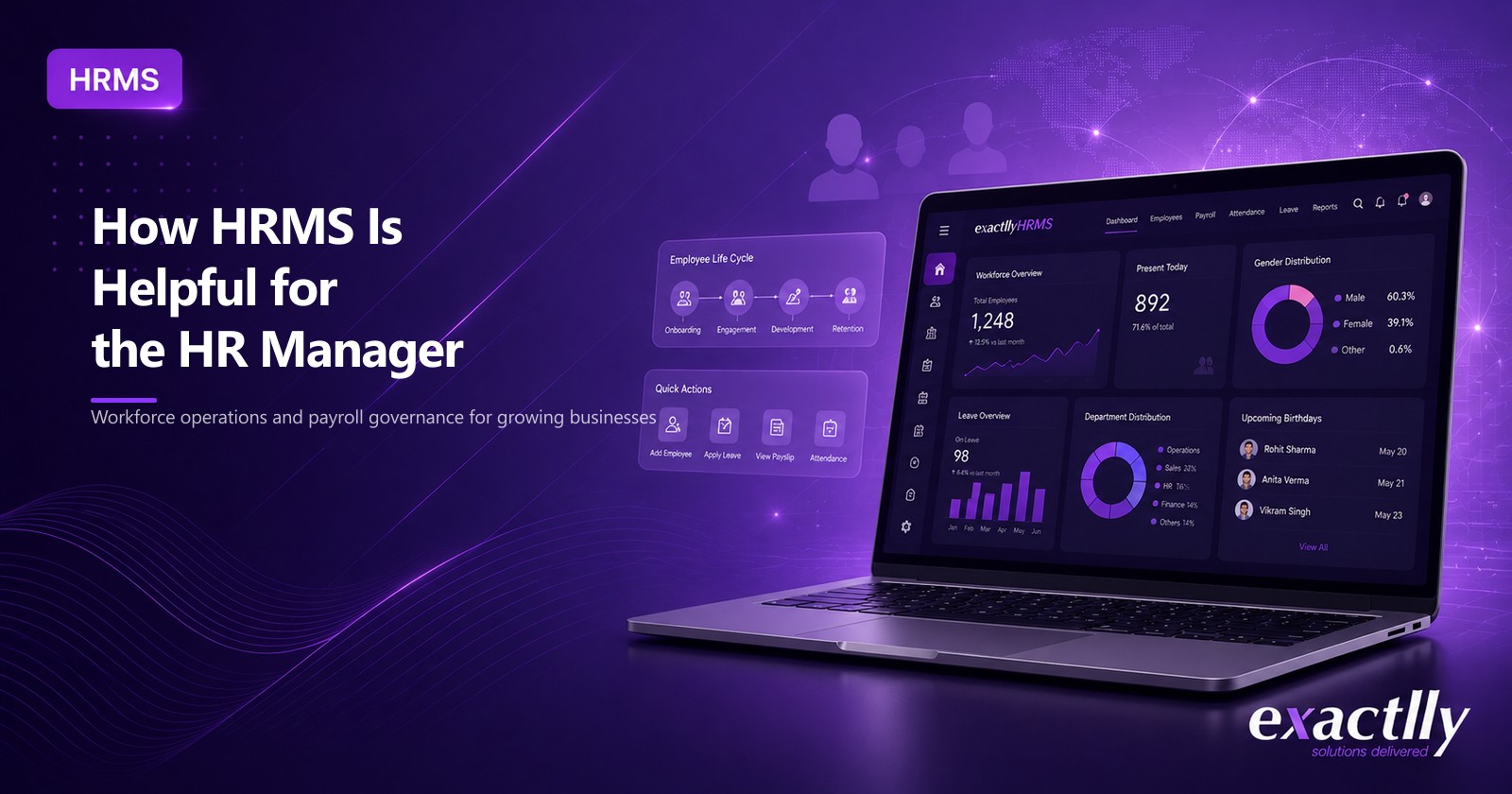 HR manager working through connected HRMS dashboard handling payroll cycle, statutory compliance, leave workflow, and employee self-service queries through a unified interface