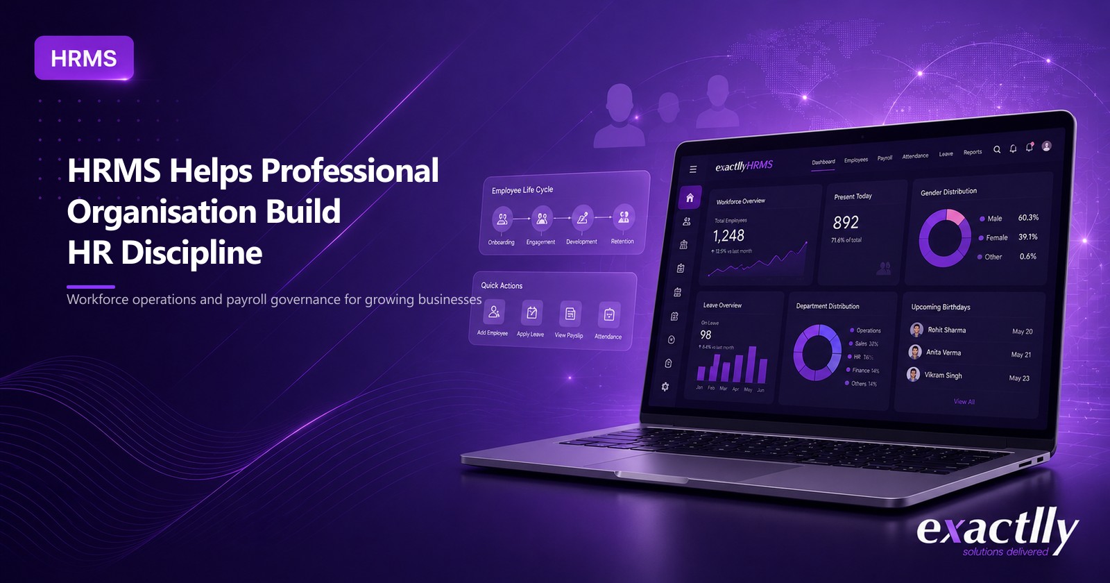 HR head diagnosing recurring symptoms across attendance mismatch, payroll cycle slip, statutory deposit delay, and worker query queue with connected HRMS at growing operational business