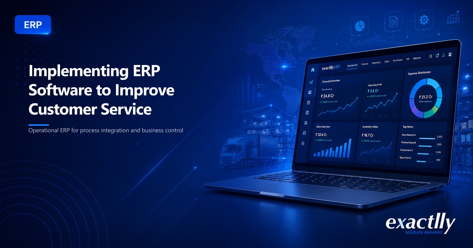 Customer service executive responding to customer query with consolidated order status, stock availability, dispatch confirmation, and invoice details through connected ERP interface
