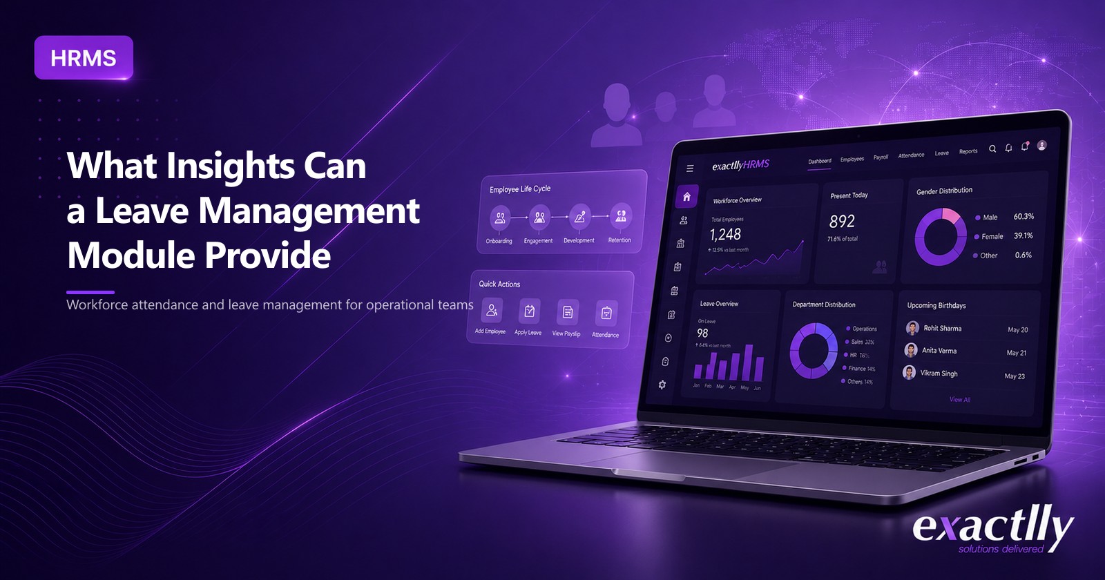 HR head and finance head reviewing leave balance, accrual, and absence pattern dashboards across departments on the connected HRMS leave management module
