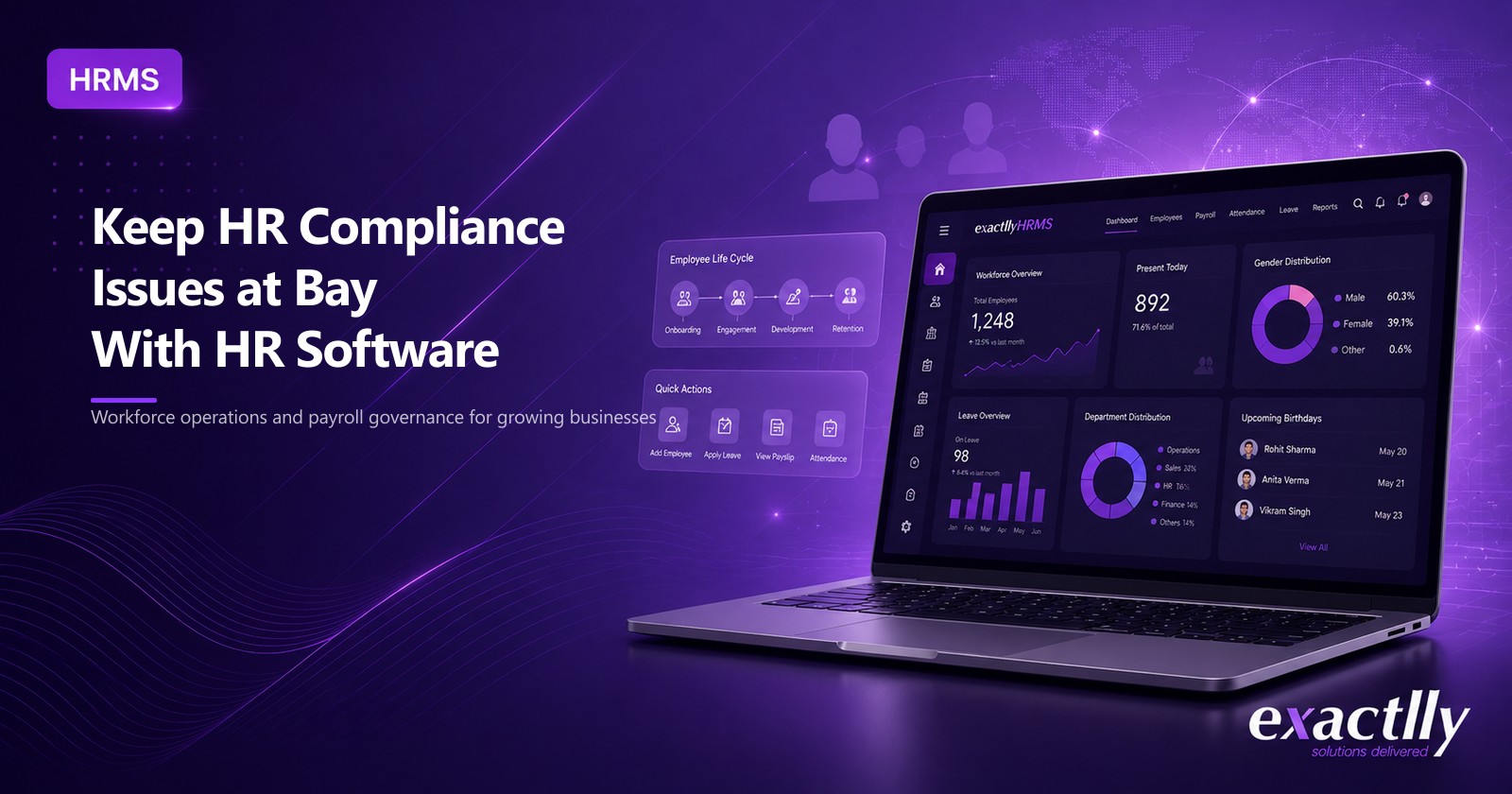 HR head and payroll executive reviewing PF, ESI, TDS, and leave compliance against attendance and payroll records using connected HRMS software