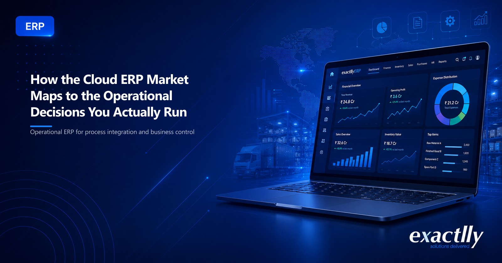 Operations head and finance head at a mid-size manufacturer reviewing multi-warehouse stock and billing data on a cloud ERP dashboard