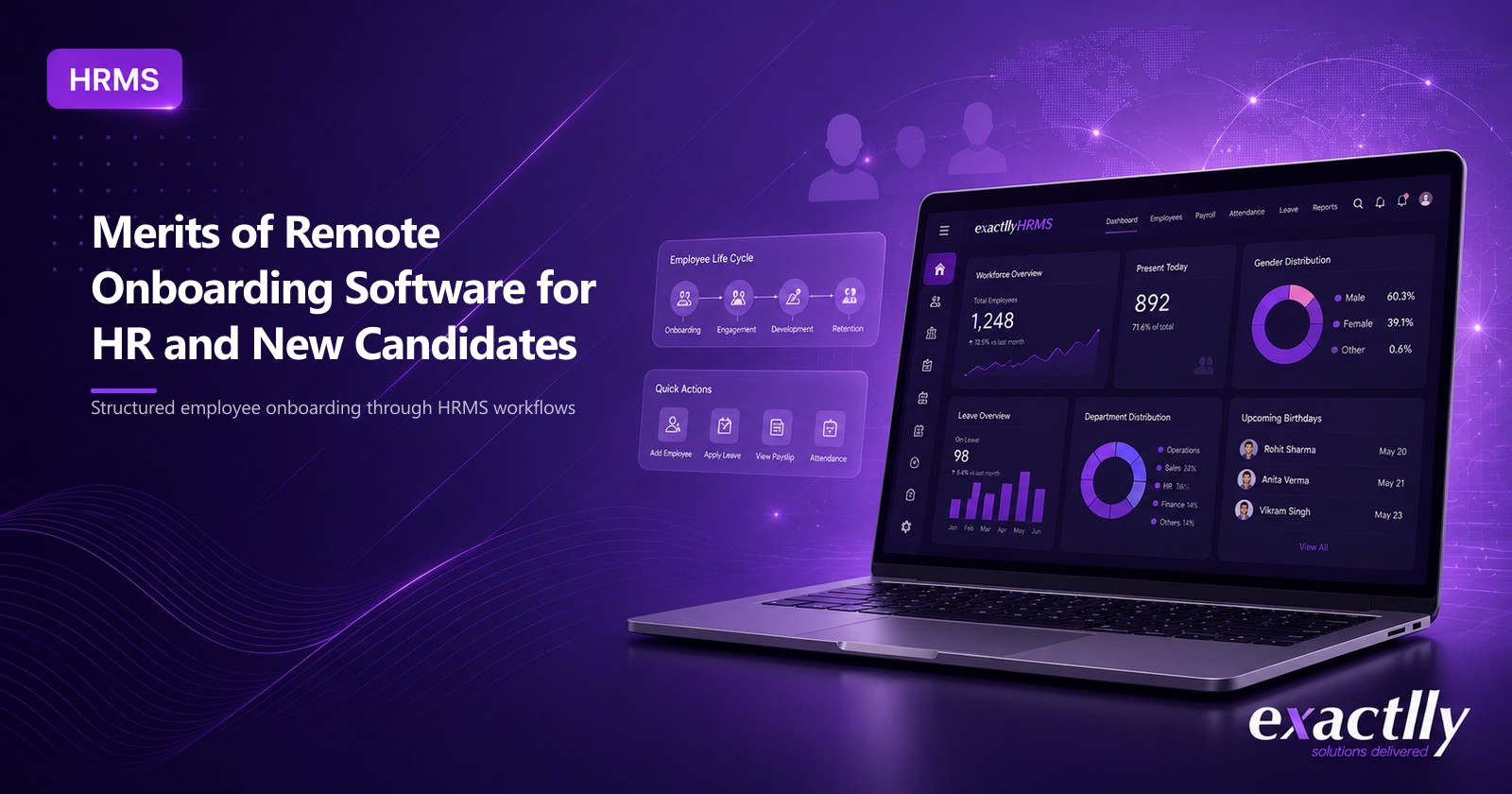 HR head and new joiner navigating remote onboarding workflow on laptop and mobile with payroll, statutory enrolment, and document verification steps visible