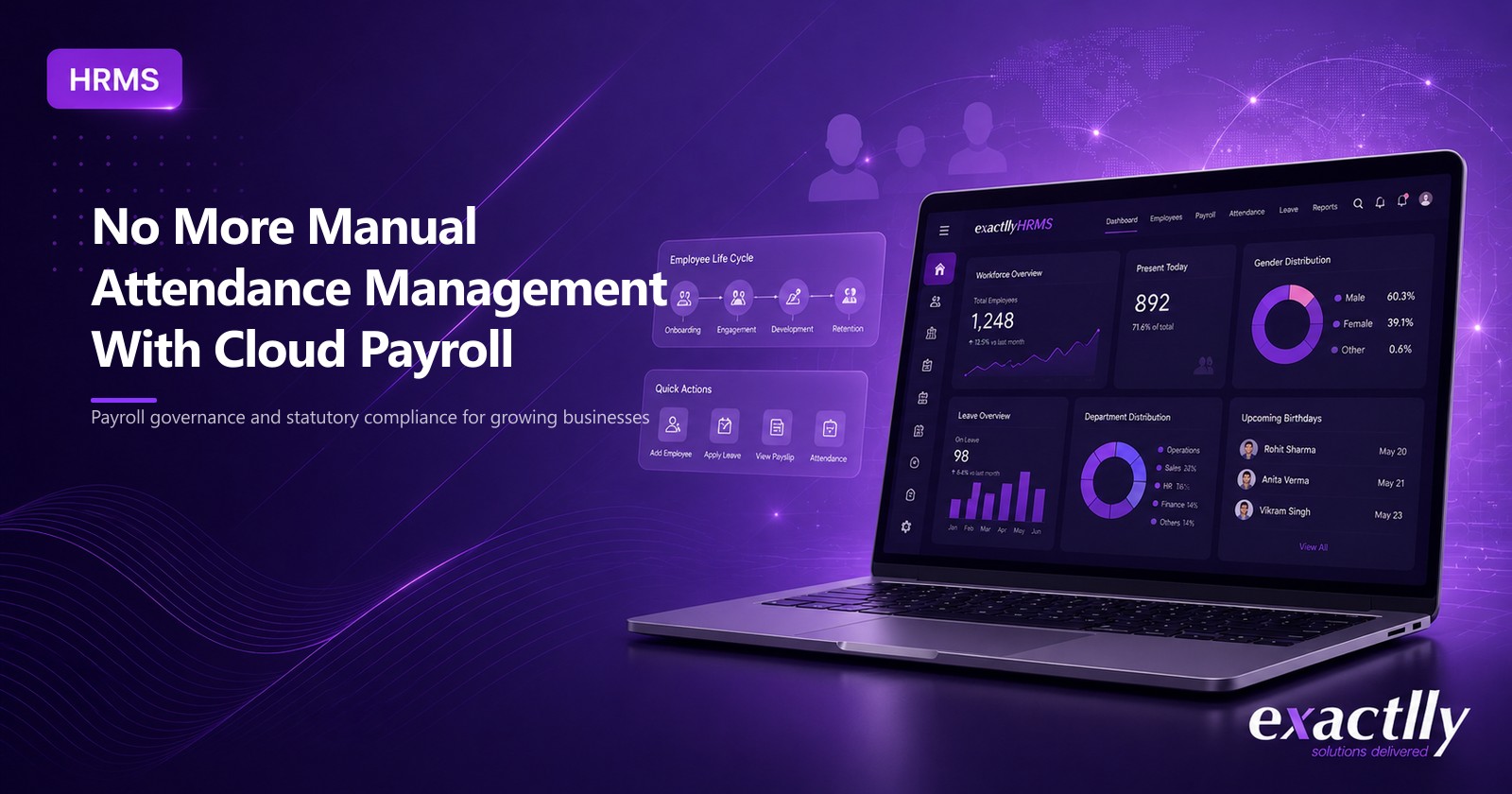 HR head and payroll executive reviewing biometric attendance flowing directly into payroll cycle through cloud-based connected HRMS workflow