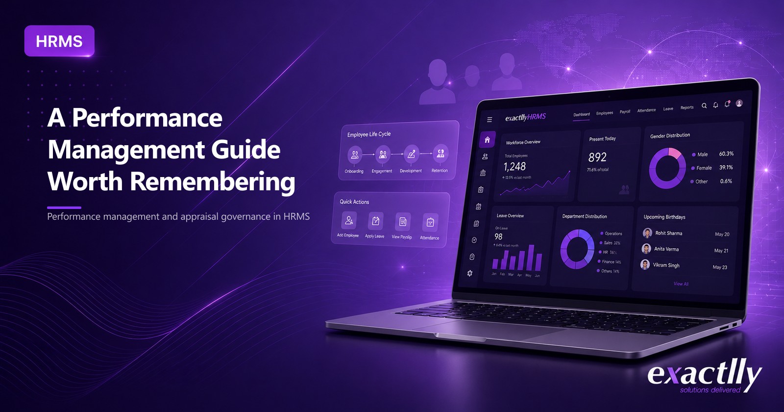 HR head and operations head conducting structured performance conversations with employees, supported by connected goal setting, feedback, and review data through HRMS