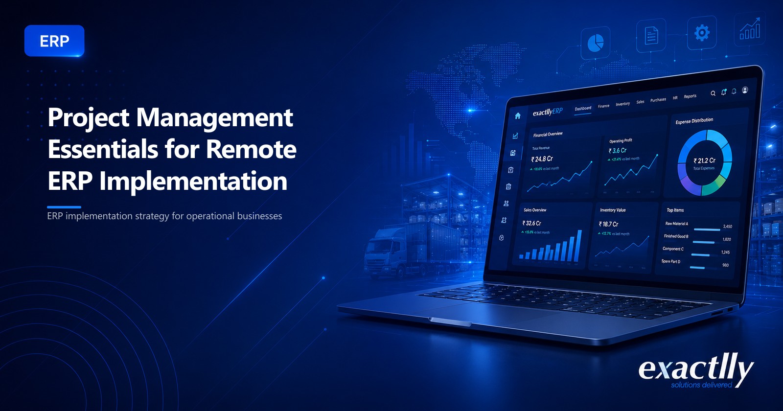 Founder, operations head, finance head, and external consultant reviewing remote ERP implementation milestones, master data validation, and user acceptance testing across distributed locations