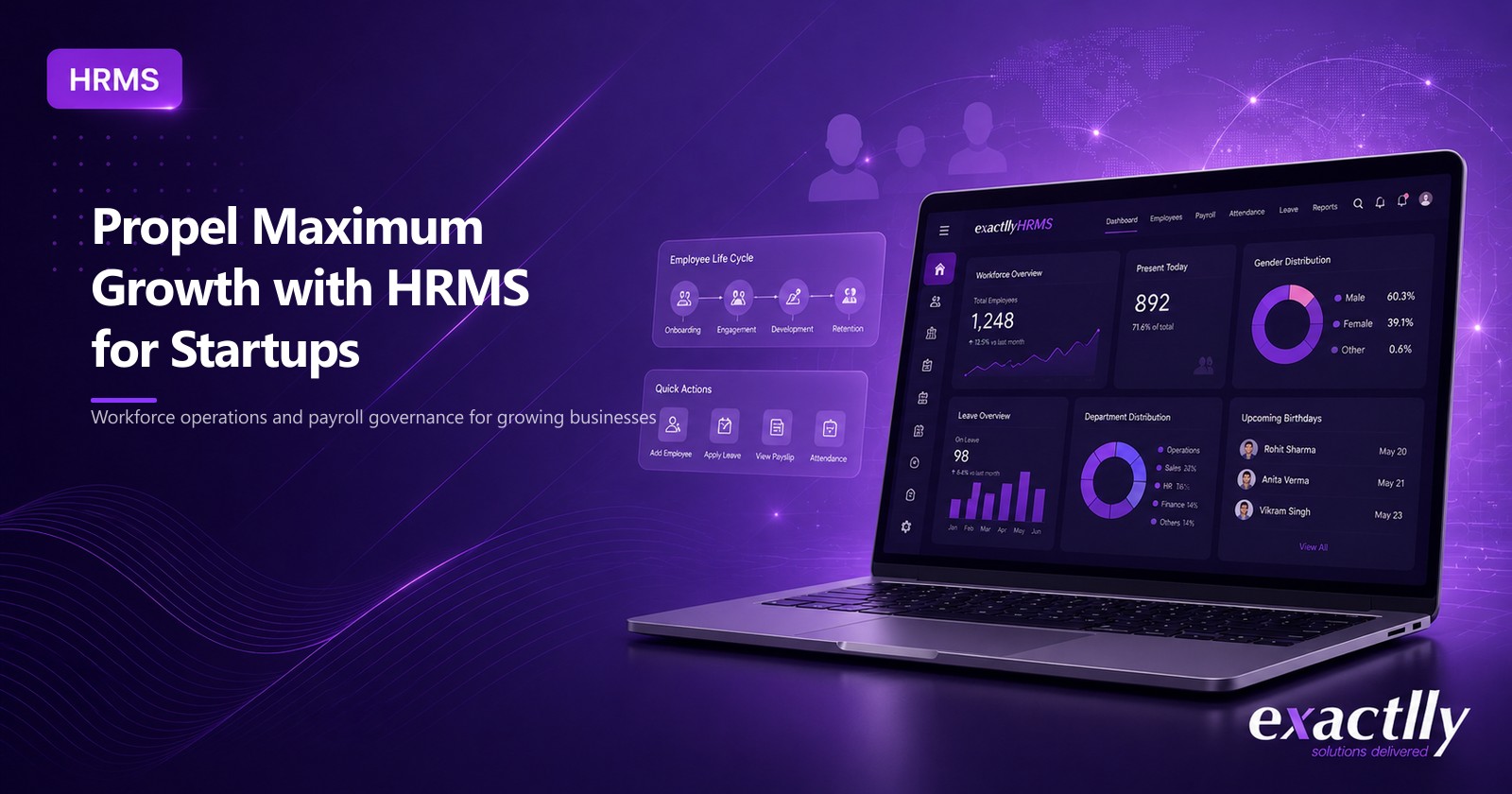 Startup founder and HR executive reviewing connected HR workflow across attendance, payroll, statutory compliance, onboarding, and self-service through unified HRMS interface for growing startup