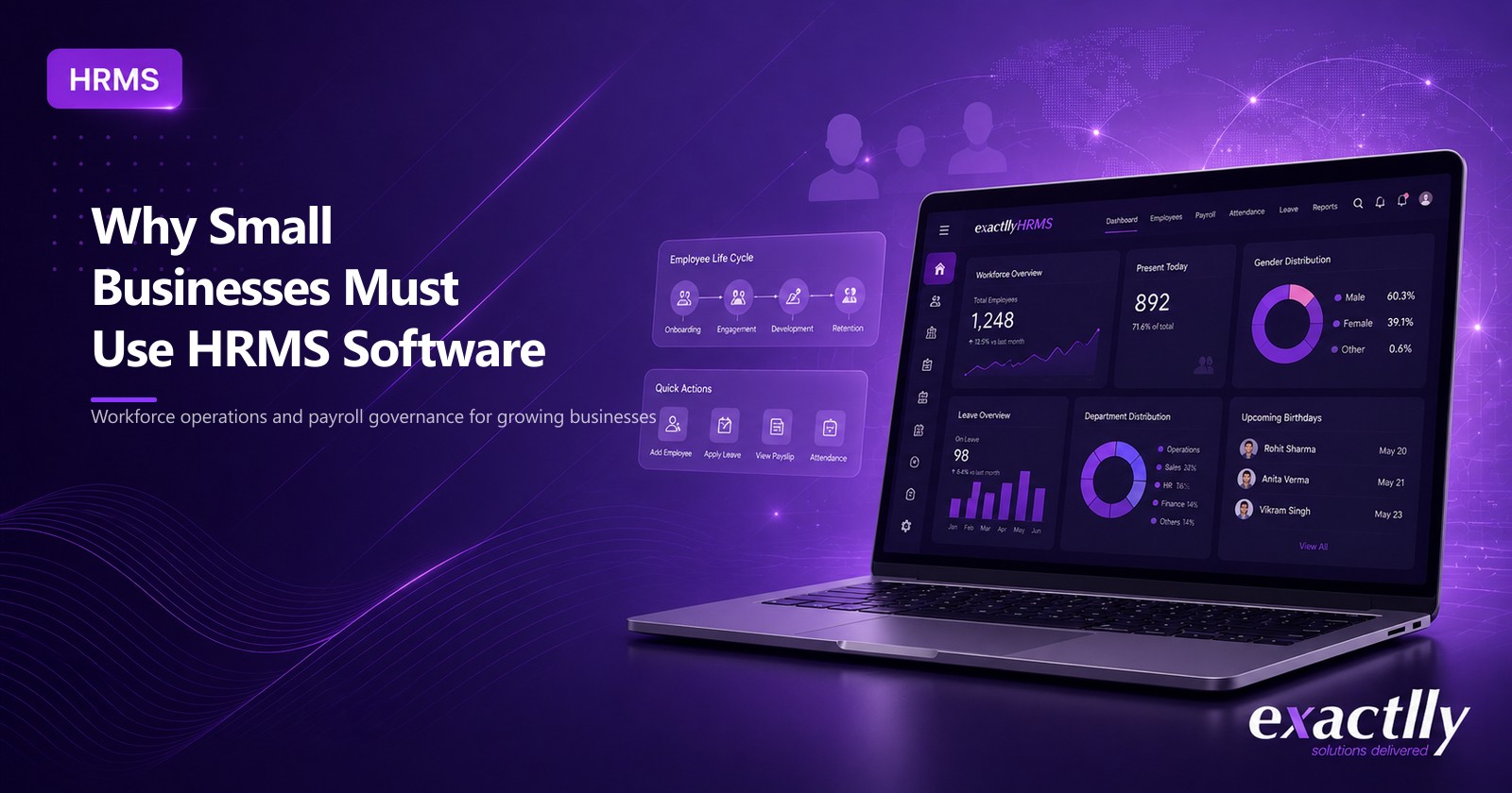 HR head and finance head at a 50-employee operation reviewing payroll cycle, statutory deductions, and leave register on connected HRMS rather than parallel spreadsheets