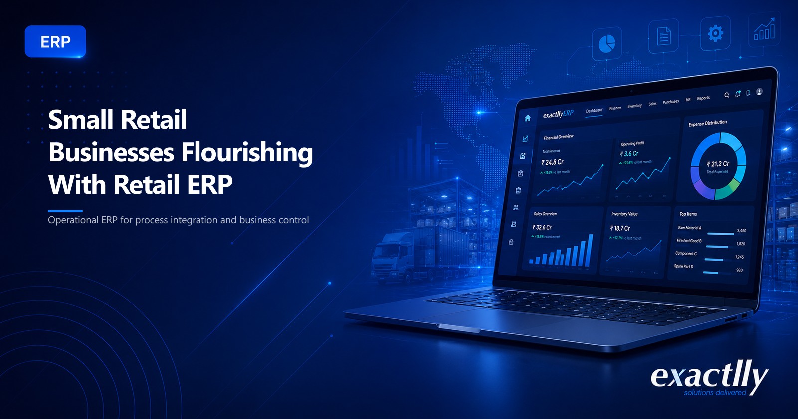 Multi-outlet retail owner reviewing connected stock, billing, GST, and store performance across four retail outlets through retail ERP software dashboard