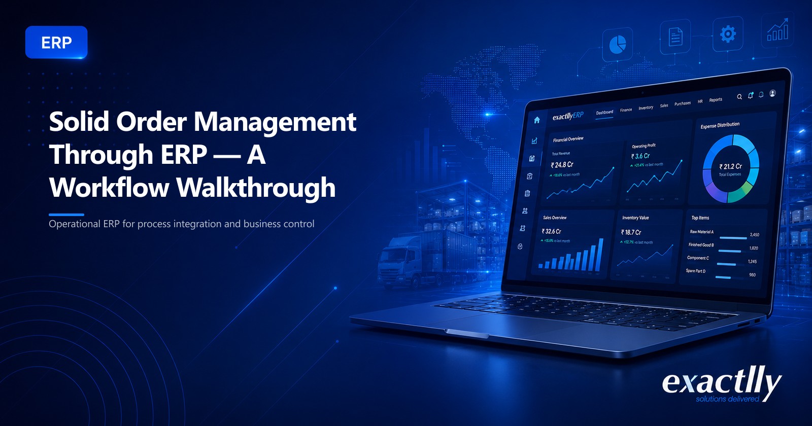 Sales coordinator, dispatch supervisor, and finance head coordinating an order management workflow from quotation to settlement on a unified ERP screen