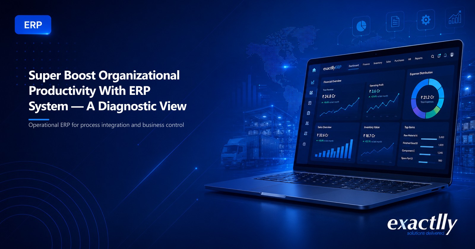 Operations head and finance head reviewing productivity dashboards across purchase, inventory, dispatch, and finance at a mid-size operational business