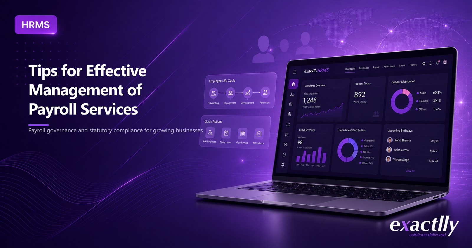 HR head and payroll executive reviewing attendance, leave, salary structure, and statutory deductions against the monthly payroll cycle on connected HRMS software