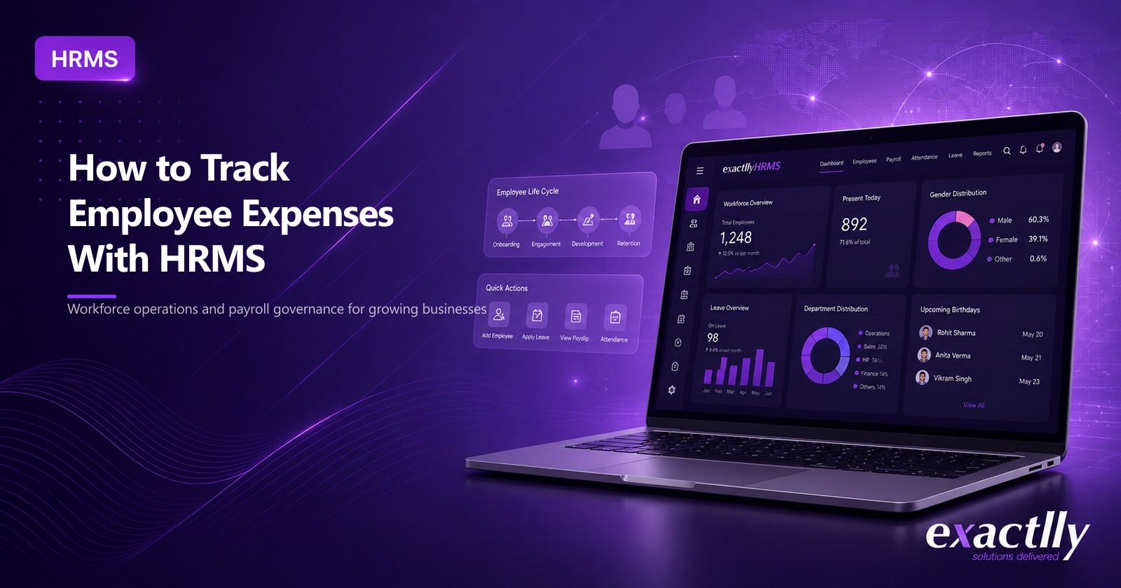 HR head and finance head reviewing field staff expense claims, reimbursements, and policy compliance through connected HRMS expense workflow