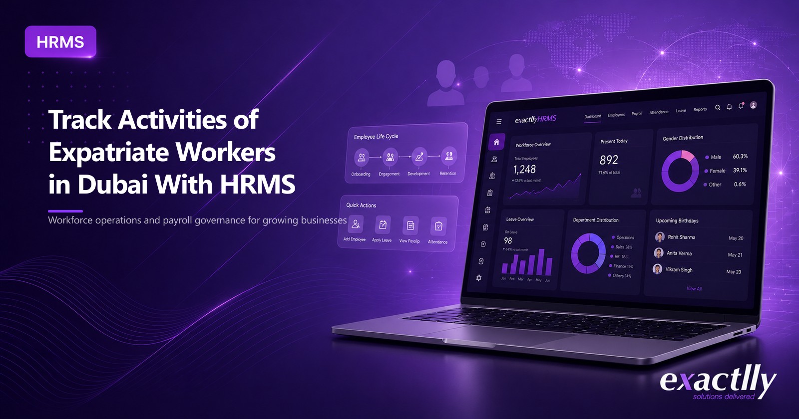 HR manager at a Dubai operation reviewing expatriate workforce attendance, visa expiry tracker, WPS salary file, and leave history through connected HRMS dashboard