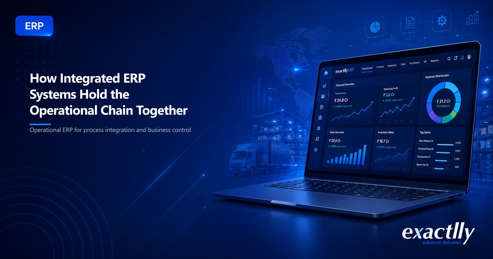 Operations head and finance head reviewing integrated ERP modules connecting purchase, inventory, sales, and dispatch on a unified dashboard