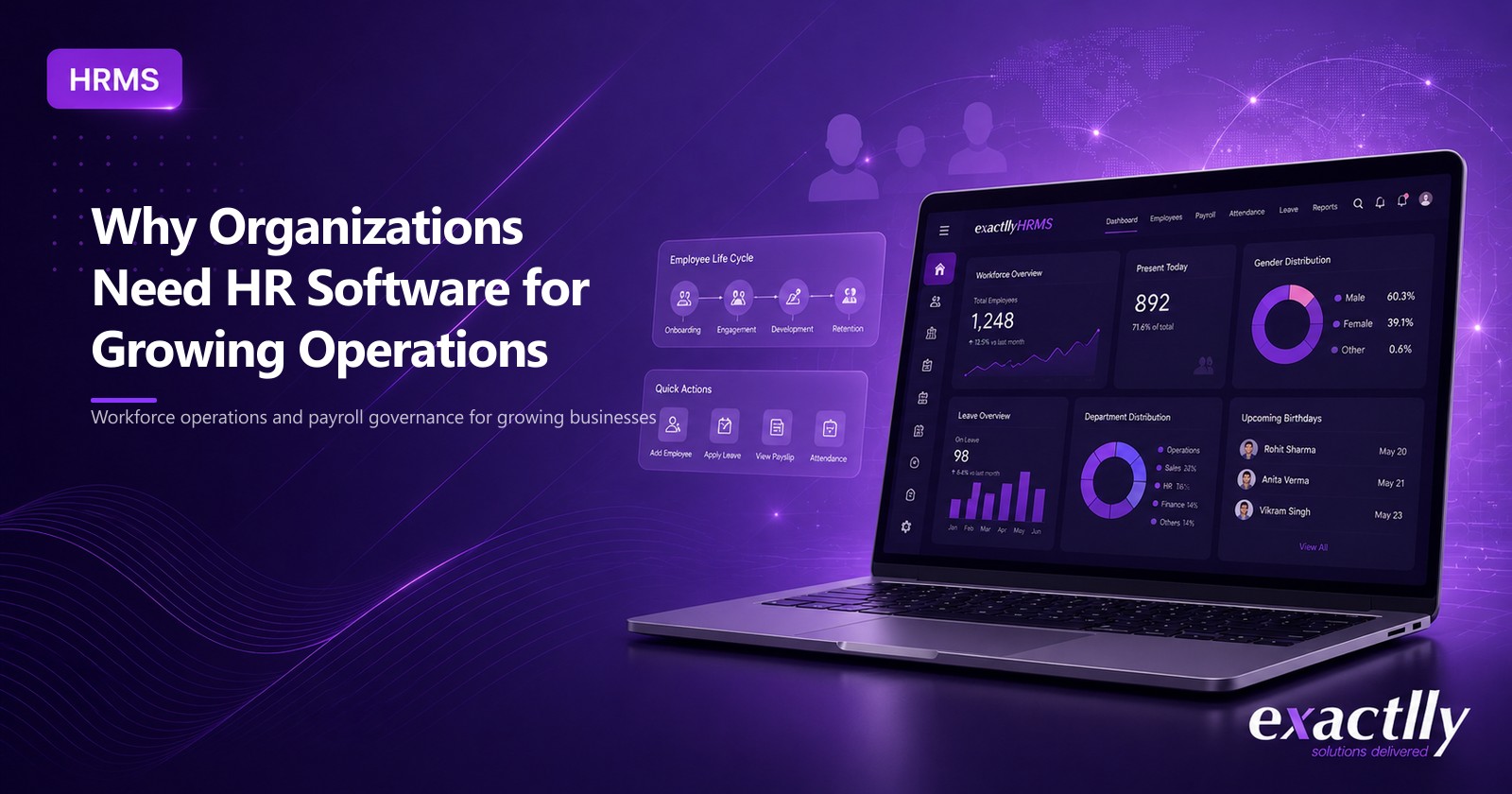 HR executive and operations head reviewing connected workforce management across attendance, payroll, statutory compliance, onboarding, and self-service through unified HR software interface