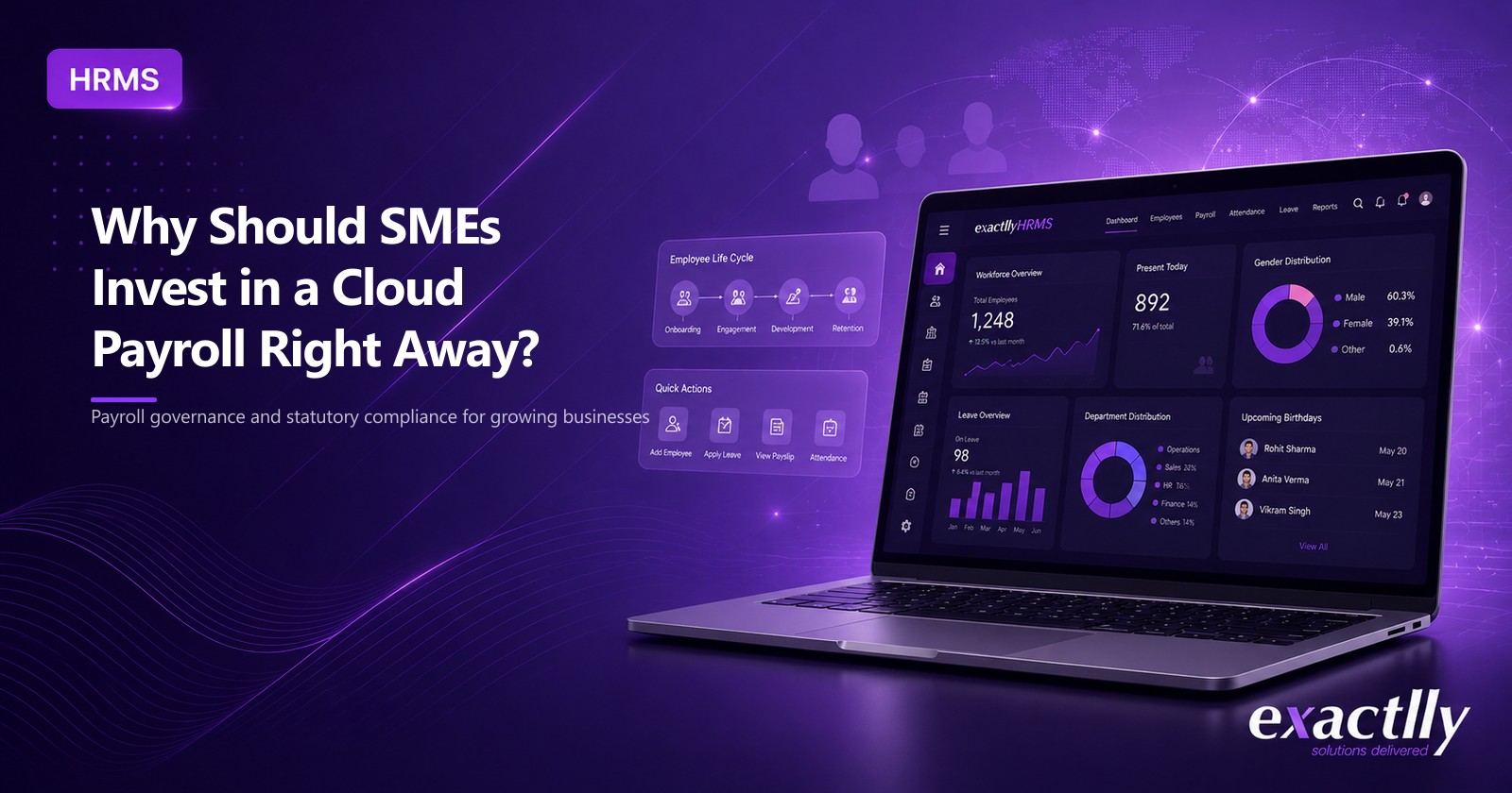 HR head, payroll executive, and finance head running the monthly payroll cycle remotely from a unified cloud HRMS at a growing operational business