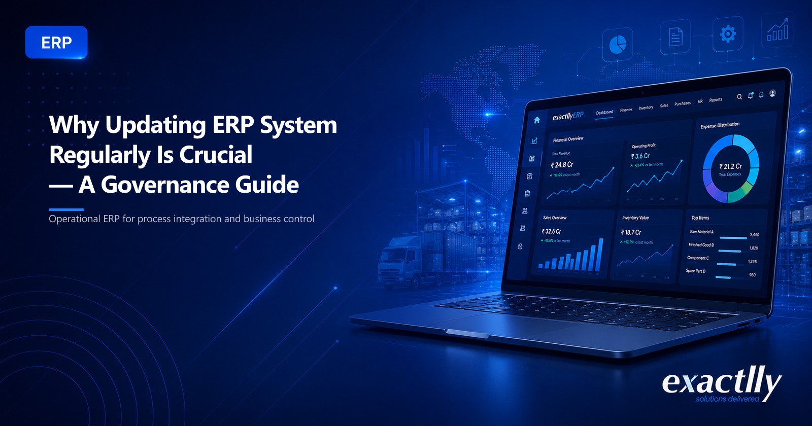Finance head, IT lead, and operations head reviewing ERP upgrade cadence and statutory compliance risk against vendor release notes