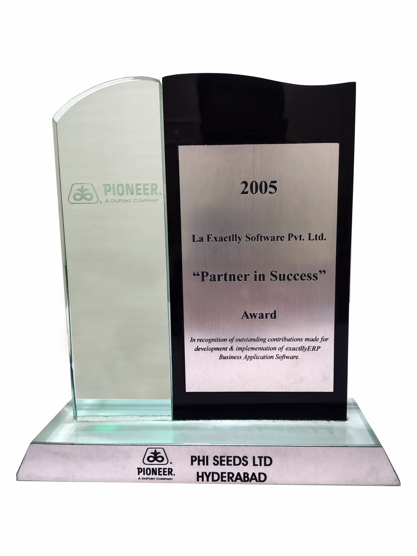 2005 Partner in Success Award presented by PHI Seeds Ltd., Hyderabad to La Exactlly Software Pvt. Ltd. for exactllyERP implementation